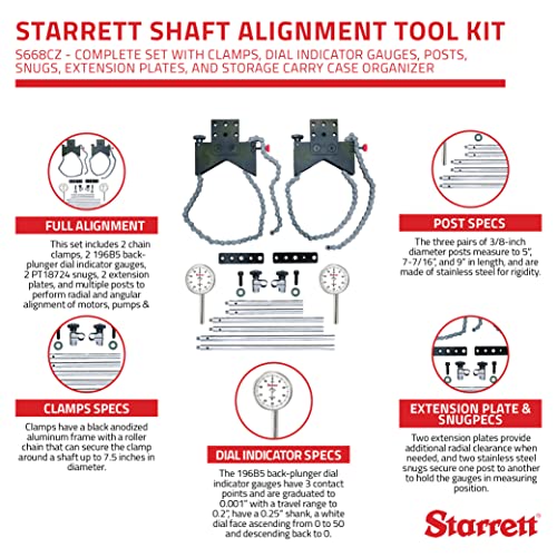 Starrett Shaft Alignment Chain Clamp Set With Case 196B5 Indicator, PT18724 Snug, Extension
