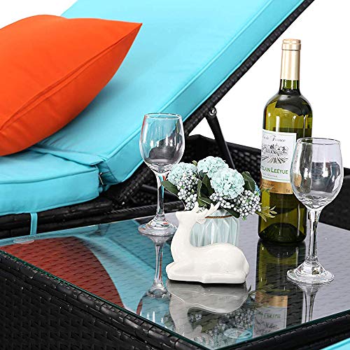 Do4U 3 Pieces Outdoor Patio Chaise Lounge Sets Adjustable Backrest Rattan Wicker Furniture Pool Porch Lounge Chair Set with Coffee Table (Turquoise Cushion) - Thumbnail 5