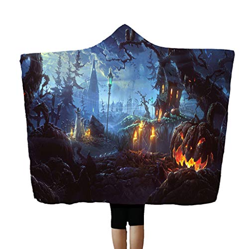 Alisy Hooded Blanket for Kids, Halloween Black House Pumpkin Bat Blood Hand Witch Pattern Cloak Nap Wearing Air Conditioning Wearable Throw Blankets for Adult Kids, 59"x 78.7"