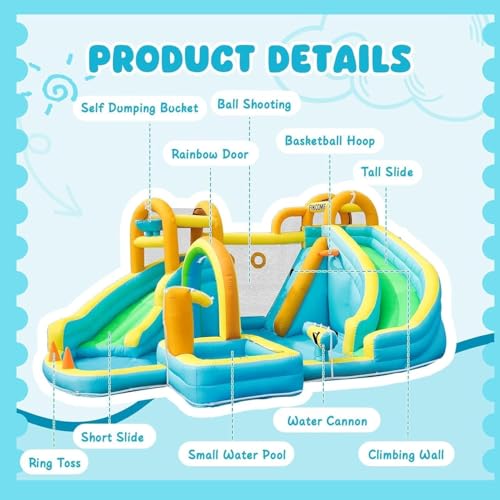 FINCOME Inflatable Water Slide, Bounce House with 2 Slide for Kids, Inflatable Waterslide Park with Splash Pool, Basketball Hoop, Ball Shooting & Water Cannon for Backyard, Outdoor, Indoor