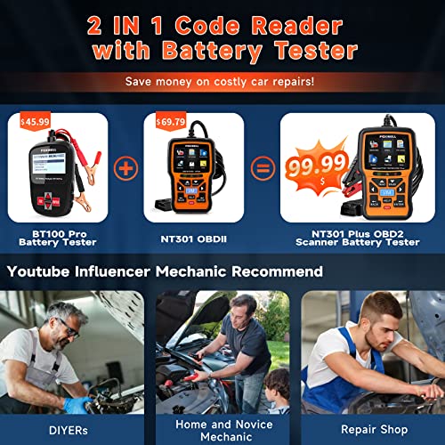 (Upgraded NT301) FOXWELL NT301 Plus OBD2 Scanner Battery Tester 2 in 1
