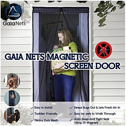 Gaia Nets Magnetic Screen Door Lace Detail, Easy Install Heavy Duty Mesh Curtain and Full Frame Velcro Fits Door Openings, Black