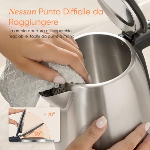 COSORI Stainless Steel Electric Kettle, 1.7 L, 2200 W, Plastic Free on Water Contact, Strix Technology, Boil in 3 Minutes, Wide Opening, 360° Swivel Base, Silver