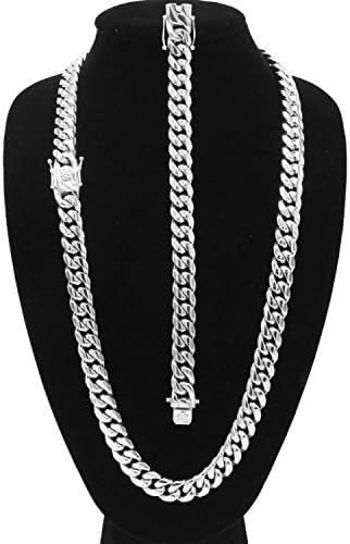 Cuban Link Miami Silver Necklace Bracelet Set Cuban Chain Stainless Steel Fashion Men Women Jewelry 14mm Width