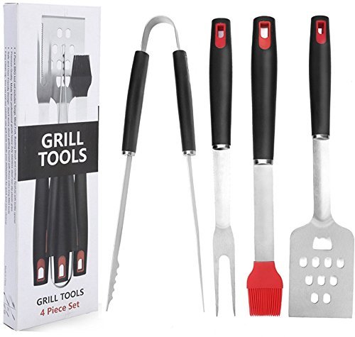 BBQ Grill Tools Set,5 Star Homerci 4 Piece Heavy Duty Professional Grill Tools Kit,Grill Spatula, Barbecue Tong, BBQ Fork, Basting Brush, Premium Grilling Accessories, FDA Approved, Best Choice