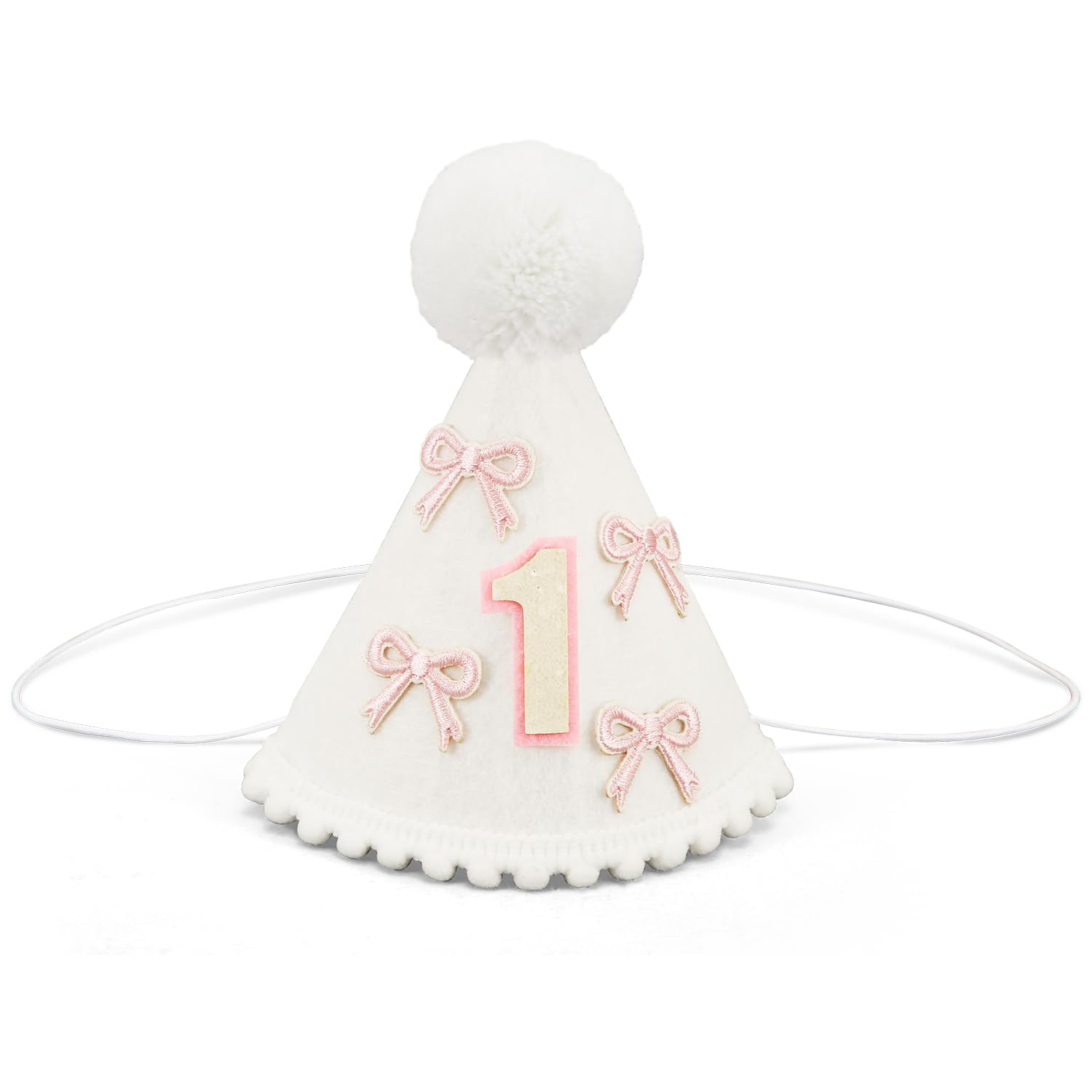 PEUTIER Pink Bow White Cone Hat - First Birthday Party Decorations, Cute Party Hats for Baby Girls