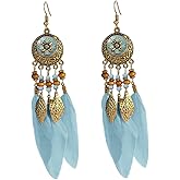 Boho Feather Leaf Dangle Earrings for Women Girls Gold Plated Long Ball Bead Leaf Fringe CZ Enamel Dreamcatcher Statement Charms Drop Dangling Fish Hook Stud Lightweight Antique Bohemian Festival Party Jewelry Gifts