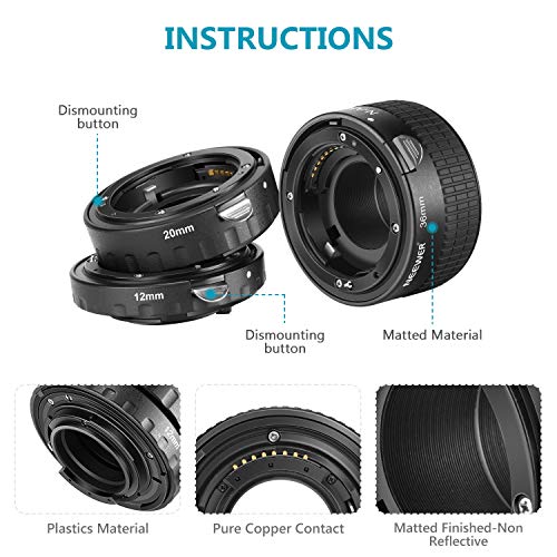 Neewer Ensemble de tubes d’extension 12 mm, 20 mm, 36 mm pour Nikon appareils photo réflex numériques AF mise au point automatique ABS D7200, D7100, D7000, D5300, D5200, D5100, D5000, D3300, D3200, D3000, D40, D40x, D100, D200, D300, D3, D3S, D700, D90