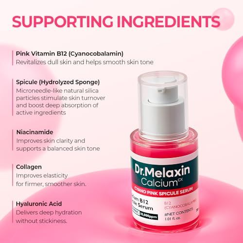 Dr.Melaxin Cyano Pink Spicule Serum with Vitamin B12, Liquid Microneedle Facial Treatment for Enlarged Pores, Niacinamide for Texture Refining & Renewal, 1.01 fl.oz