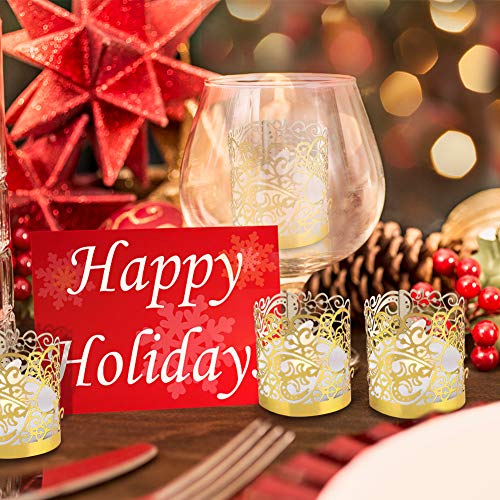 LOVEINUSA 48pcs Votive Wraps, Golden Tea Light Covers Laser Cutting for Decorative Wraps Flickering LED Battery Tealight Candles