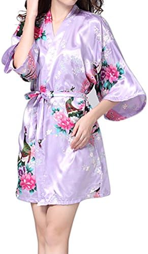 kakaforsa Women Sexy Sleepwear Kimono Peacock and Blossoms Satin Robes V-neck Bath Robe Silk Sleep Gown Purple
