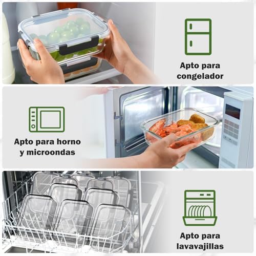 Paquete de 5 recipientes de vidrio con tapas, 1040 ml, gruesos y duraderos, recipientes de vidrio apilables herméticos para preparación de comidas, almacenamiento de alimentos sin BPA, Negro