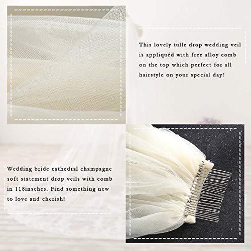 Fdesigner Bride Cathedral Veil Wedding Chapel Veils Bridal Headpieces Statement Veils Long Soft Veil with Comb 2T (Champagne) - Thumbnail 2