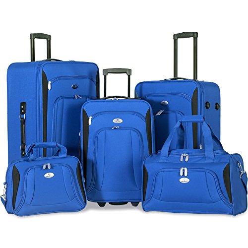 Merax Newest 5 Piece Set Expandable Rolling Suitcase Softshell Deluxe Luggage Set (Blue)