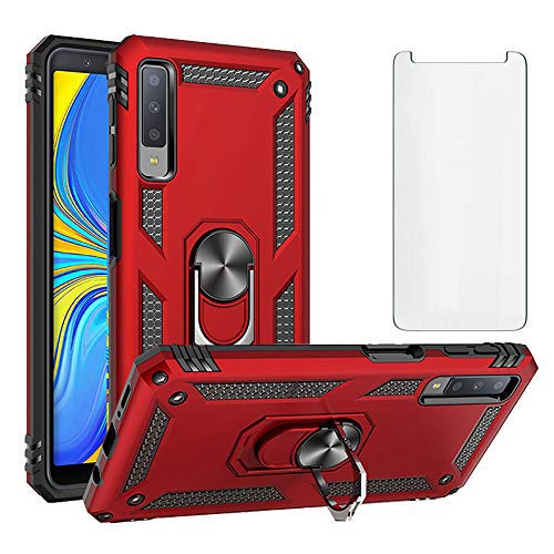 Phone Case for Samsung Galaxy A7 2018 with Tempered Glass Screen Protector Stand Ring Holder Shockproof Silicone Heavy Duty Accessories Magnetic Metal Hard Glaxay A 7 SM-A750FN A750GN Girls Red