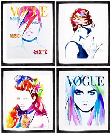 Set of 4 Art Prints Fashion Icons Colorful Illustrations Salon Decor Pink Blue Kate Cara Vogue Audrey Hepburn