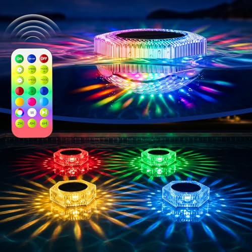 Solar Float Lights for Swimming Pool, 7 Colors RGB + Running Effect, IP68 Waterproof, 4 Brightness Levels, 10m Remote Control, Timer 2/4/6h - for Pool, Pond, Garden, Party Decoration