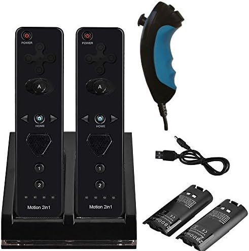2x Build in Motion Plus Wireless Remote Controller & 2x Nunchuk Controller & 1x Charging Dock Controller Includes 2 Pcs of 2800mAh Battery Pack for Nintendo Wii & Wii U (Design-A Black/White)