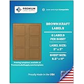 Premium Label Supply Brown Kraft Sticker Square Labels – 3" x 3" – Laser/Inkjet Compatible – (6 per Sheet), 25 Sheets – 150 Total Adhesive Labels