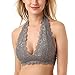 Floral Lace Halter Bralette Unpadded Mesh Lined V-Neck Everyday Bra Top for Women(Grey) S