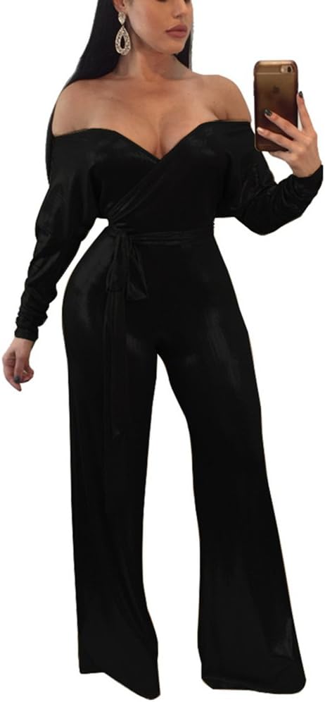 Womens Sexy Off Shoulder Wrap Metallic Wide Leg Long Pants Club Jumpsuits Rompers with Sleeves