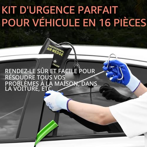Menborn 16 Piece Professional Car Tool Kit with Long Handle, Air Wedge Pump, Trace Free Wedge Gloves, Emergency Essential