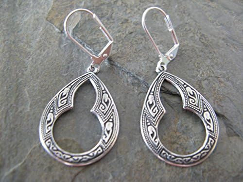 Decorative Silver Plated Hoop Leverback Earrings Boho Artisan Jewelry