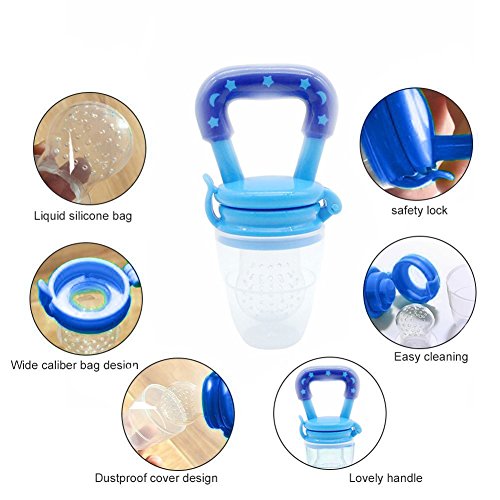 StarRoad Premium Child Baby Infant Food Feeder, Fresh Fruit Meat food Baby Teething Toy Training Teether Pacifier Safe Silicone Nipple Storage Container Feeding (M&L, Red&Yellow)