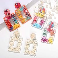 – Fashion Geometric Handmade Weave Dangle Earrings for Women Jewelry, Idea Gift for Mom, Lover and Friends   Price:	$7.99   & FREE Returns You can get 5% back on all Amazon.com purchases with the Amazon Prime Store Card. No annual fee. Color: S Multi   D Rainbow     E Black     E Multi     E Rainbow     E White     H Orange     H Purple     H Rainbow     H White     Hoop Rainbow     R Multi   R Rainbow     R White     S Multi     S Rainbow     S White MAGIC RAFFIA – Raffia is exotic and mysterious, from Madagascar in Africa, this grass appearance smooth inner quality is refreshing, does not fear the water and extremely firm, therefore, also is regarded as the love grass by the people, the implied meaning people must be consistent, the firmness does not pull treats the love SYMBOL OF LOVE – Legend has it that in ancient South Africa, a tribal prince fell in love with the daughter of a poor family.They went to a place full of raffia grass and decided to get married there.The prince, who had nothing, made a rope of raffia, and gave it to his bride with a ring, and made a wish that he and his beloved should be of the same mind forever RAFFIA EARRINGS – The statement earrings made from raffia, go with different colors, no matter what kind of clothes you wear, no matter if you’re going to a dance, a party, school, or on vacation, you can always find the right color for your earrings, It’s a very light material and you won’t feel any discomfort wearing it IDEA GIFTS – Raffia is also known as love grass, meaning that people should always be consistent and faithful to love, and it’s also can pray for the parents, for the family to seek peace, for the children to get health;Lovers give each other wishing rope, which is used to wrap around their wrists, to show that they will never change their hearts AFTER-SALES SERVICE – Within 30 days of ordering the bracelets, if you encounter any product quality problems or you simply don’t like the bracelets, we can return and replace the bracelets for you, anything else must be timely contact with us, only communication can solve the problem New (1) from $7.99    Report incorrect product information. See product specifications  Ad feedback