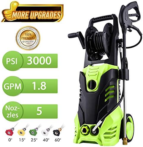 3000 PSI Electric Pressure Washer, High Pressure Washer, Professional Washer Cleaner Machine with 5 Interchangeable Nozzles, 1800W Rolling Wheels,1.80 GPM