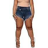 Tycorwd Women's Plus Size High Waisted Crossover Jean Shorts Ripped Raw Hem Summer Hot Denim Shorts