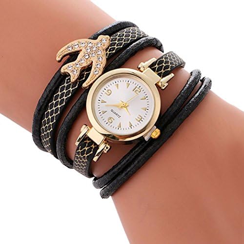 Anxinke Women Fashion Wrap Around Leather Band Rhinestone Analog Quartz Bracelet Wrist Watches (Black)