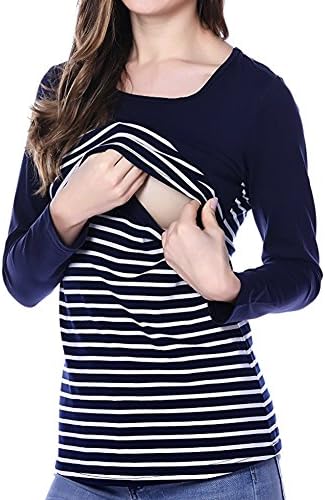 Women's Casual Breastfeeding Shirt Striped Patchwork Long Sleeve Maternity and Nursing Tops (S, Navy Blue)