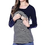 Chulianyouhuo Women's long sleeves stripes obstetric care tops breastfeeding t-shirts (M, Navy Blue)