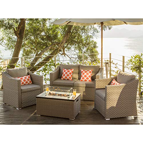 COSIEST 5Piece Fire Pit Table Outdoor Furniture, Warm Gray Wicker
