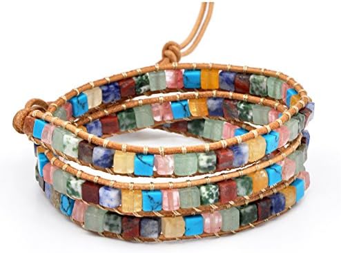 MO SI YI Multi-layer Braided Leather Wrap Bracelet with Multi-color 4mm Rounded/Square Agate Beads (3 wrap(Square))