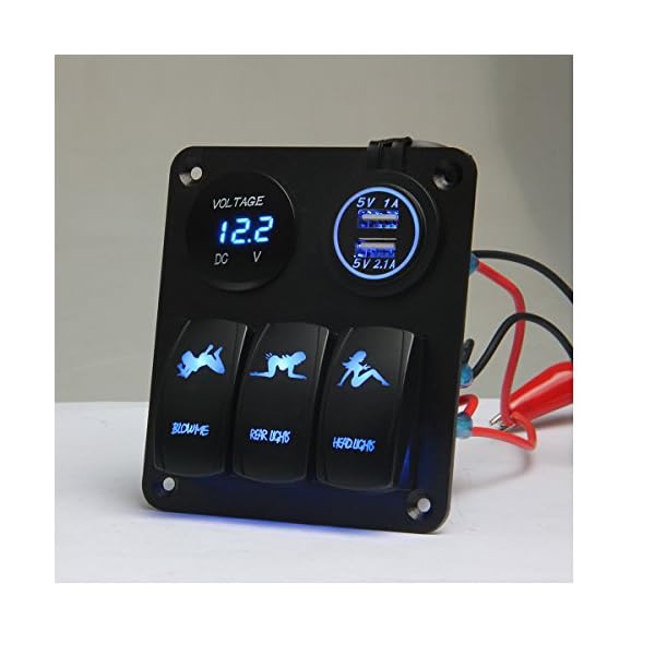 TEQStone-MarineBoat-Car-Switch-Panel-3-Gang-with-1-Charger-With-2-USB-Slot-and-a-Voltage-Monitor-Blue-LED-Light-5pin-Onoff-Rocker-Switch