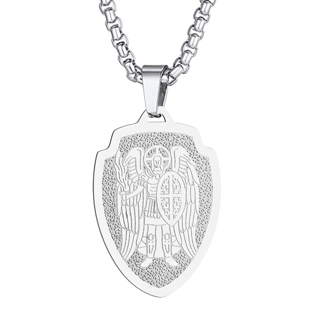 Angel Saint Michael Necklace St.Michael Pendant Women Men The Seal of The Seven Archangels Charm Chain Religious Medal Medallion Disc Jewelry Christian Gift (St Michael-219S)