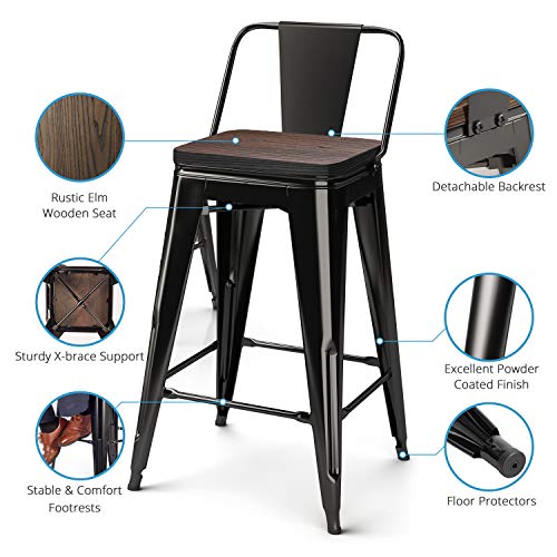 VIPEK 24" Counter Height Metal Bar Stools with Solid Wood Top Seat 24