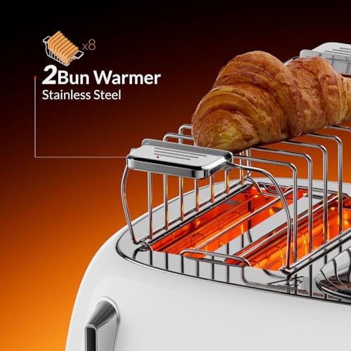 Feller Germany, Retro Style 4-Slice Toaster, 1630 W, Steel Body, 2 Dust Covers & 2 Bun Warmers, Defrost, Reheat& Cancel, 4 Extra wide Bread Slots, Metal Crumb Tray, TO490, 2Y Guarantee (Glossy White)