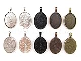 50 CleverDelights Oval Pendant Trays - Mix Pack - 18 x 25 mm - Antique Silver, Shiny Silver, Dark Black, Antique Copper, Antique Bronze - Pendant Blanks Cameo Bezel Cabochon Settings - 11/16