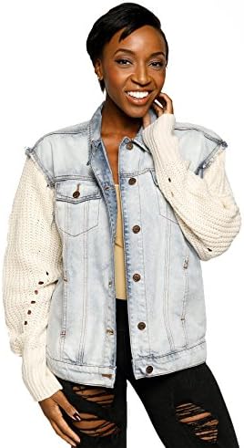 Hadari Women's Casual Mixed Media Light Wash Denim Jacket