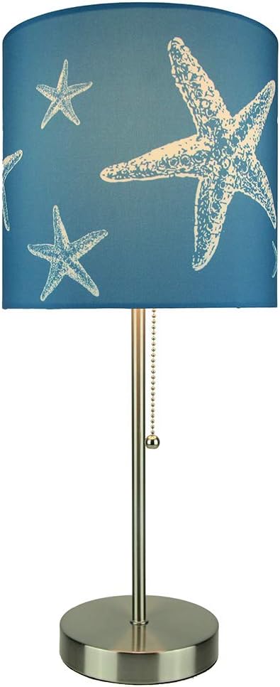 K-MusculoAABBDD Brushed Nickel Finish Table Lamp Featuring Coastal Blue Starfish Print Shade - 18.5 Inches High - Elegant Nautical Decor for Bedrooms and Living Spaces