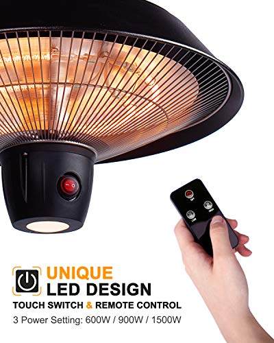 Star Patio Electric Patio Heater with Remote, Outdoor Ceiling Patio Heater, Hanging Patio Heater, Infrared Heaters with 3 Power Settings (600W/900W/1500W), Hammered Bronze Finished, STP1566-C