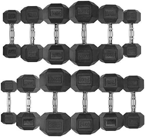 JLL® Hex Dumbbell 4-32 KG Single or Pair, Heavy Duty Rubber Commercial Dumbbell, Weight Sets for Weight Training, Knurled Chrome Handle, Black Colour