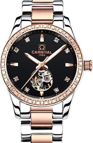 Womens 25 Jewels Automatic With Mineral Mirror Hollow Out Flywheel Luminous Gold Watches Black