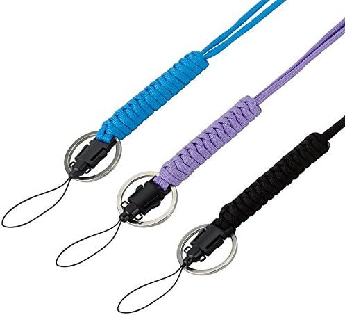 Three Legs Paracord Lanyard Fashion Strong Survival Paracord Lanyard Necklace with Carabiner, Alloy Ring and Clip for Camera, Mobile phones, Keys, Whistles, Waterproof Case etc. (Black Blue Purple)