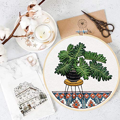 Embroidery Starter Kit with Pattern, Mikimiqi Full Range of Stamped Embroidery Kit Including Embroidery Cloth with Floral Pattern, Bamboo Embroidery Hoop, Color Threads and Tools Kit (Pot Plant)