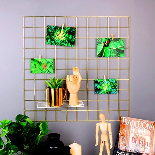 Moonse Metal Mesh Grid Panel, Wall Decor/ Photo Wall Wall Art Display Organizer, Multifunctional Mesh Memo Board Wall Art Decor/ Display &amp; Hanging Organizer, Size: 23.6" x 23.6"- Gold