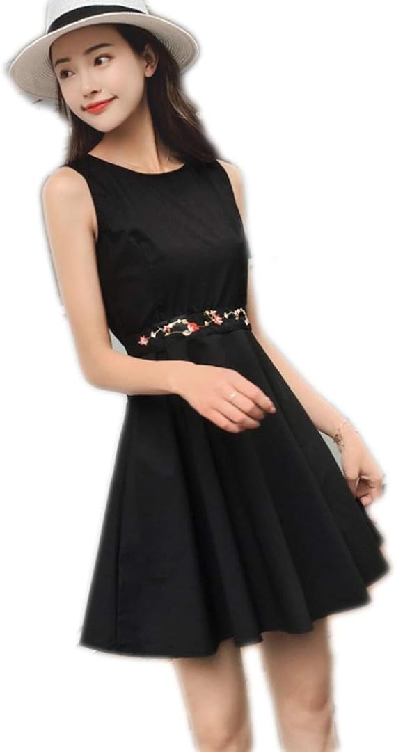 Amazon ワンピ 夏 ワンピース ふんわりシルエット 大きいサイズ 膝丈 ワンピ ワンピース ブラック レディース シンプル かわいい ノースリーブ S ワンピ Aライン ミディアムワンピース クルーネック 膝下 ひざ下 薄手 やわらか ワンピース チュニック 通販